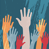 Creative poster design with raised hands of volunteers.